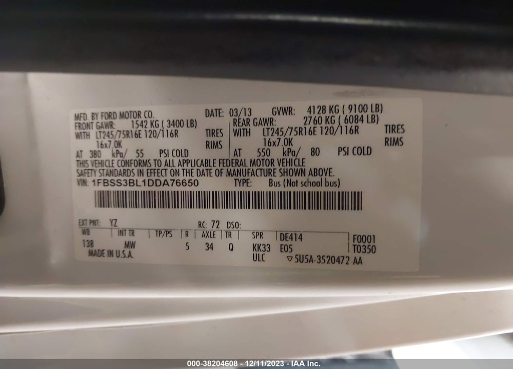 2013 FORD E-350 SUPER DUTY XLT VIN: 1FBSS3BL1DDA76650