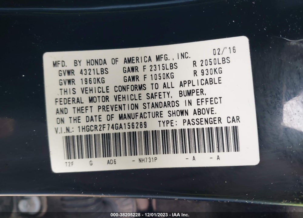2016 HONDA ACCORD EX VIN: 1HGCR2F74GA156289