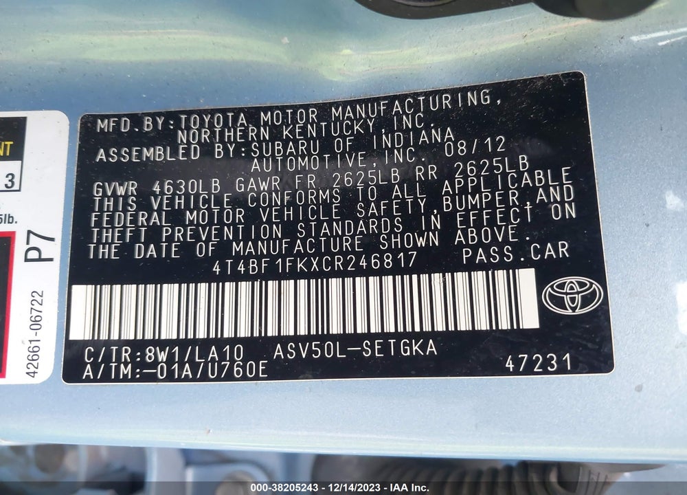2012 TOYOTA CAMRY L/LE/SE/XLE/SE SPORT LIMITED EDITION VIN: 4T4BF1FKXCR246817
