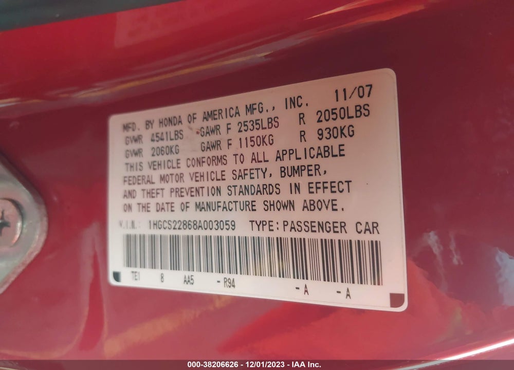 2008 HONDA ACCORD 3.5 EX-L VIN: 1HGCS22868A003059