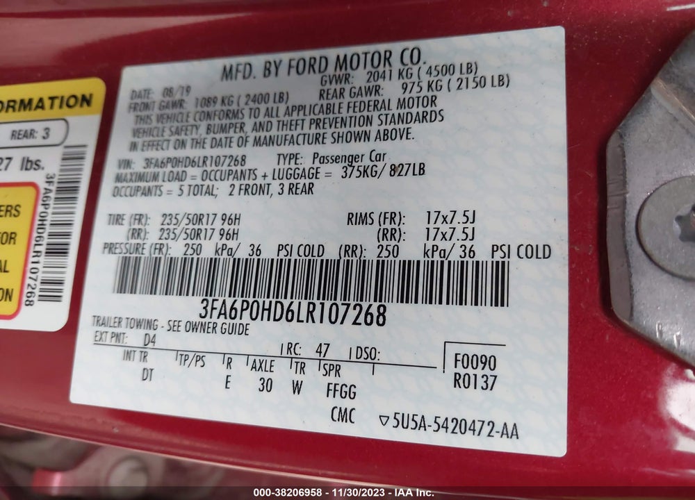 2020 FORD FUSION SE VIN: 3FA6P0HD6LR107268