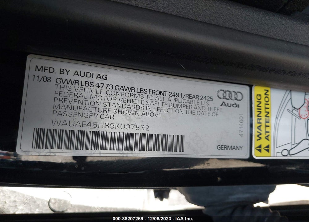 2009 AUDI A4 VIN: WAUAF48H89K007832