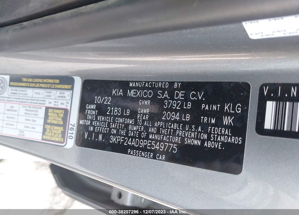 2023 KIA FORTE LXS VIN: 3KPF24AD9PE549775