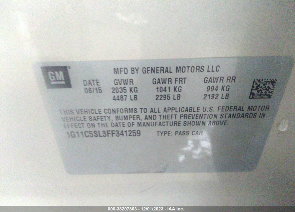 2015 CHEVROLET MALIBU 1LT VIN: 1G11C5SL3FF341259