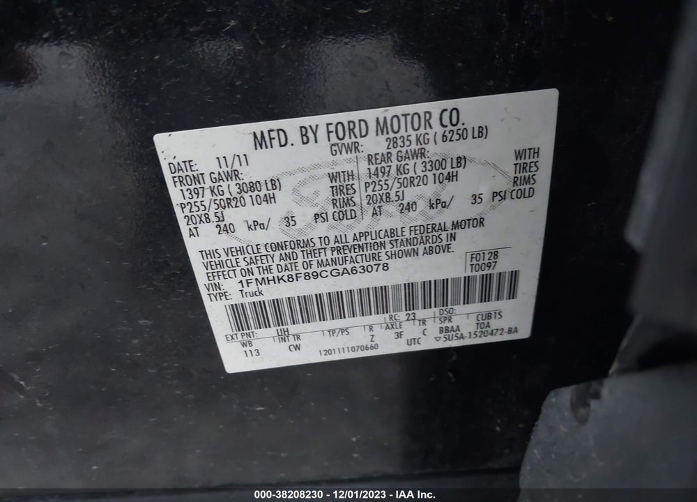 2012 FORD EXPLORER LIMITED VIN: 1FMHK8F89CGA63078