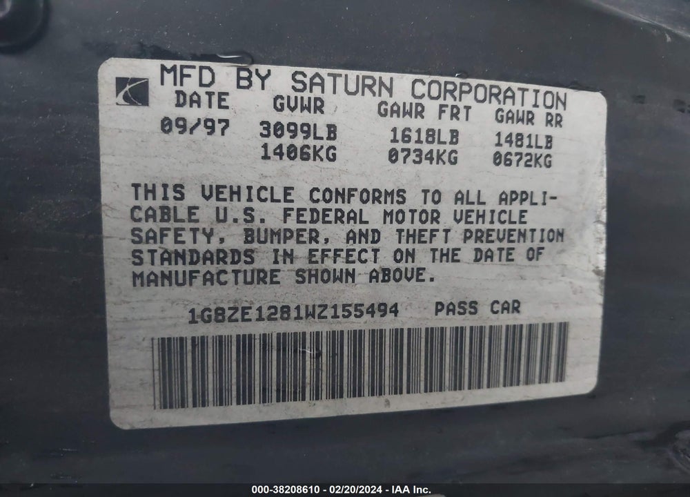 1998 SATURN SC1 VIN: 1G8ZE1281WZ155494