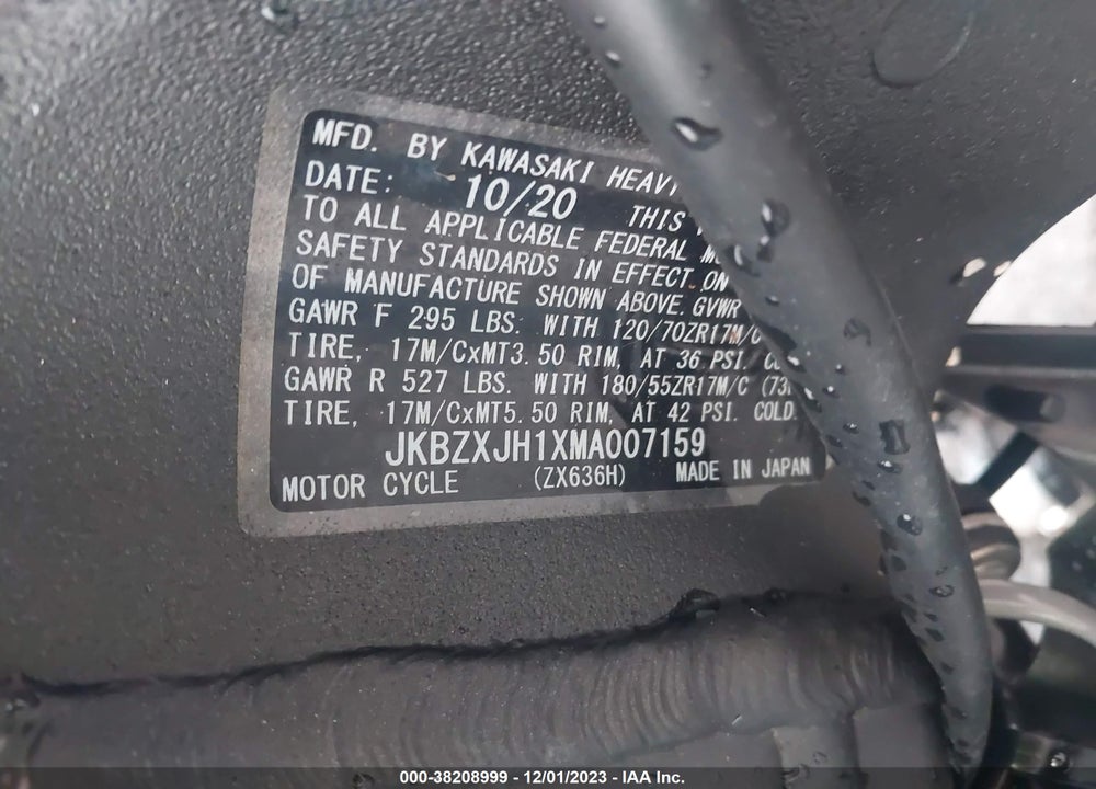 2021 KAWASAKI ZX636 K VIN: JKBZXJH1XMA007159