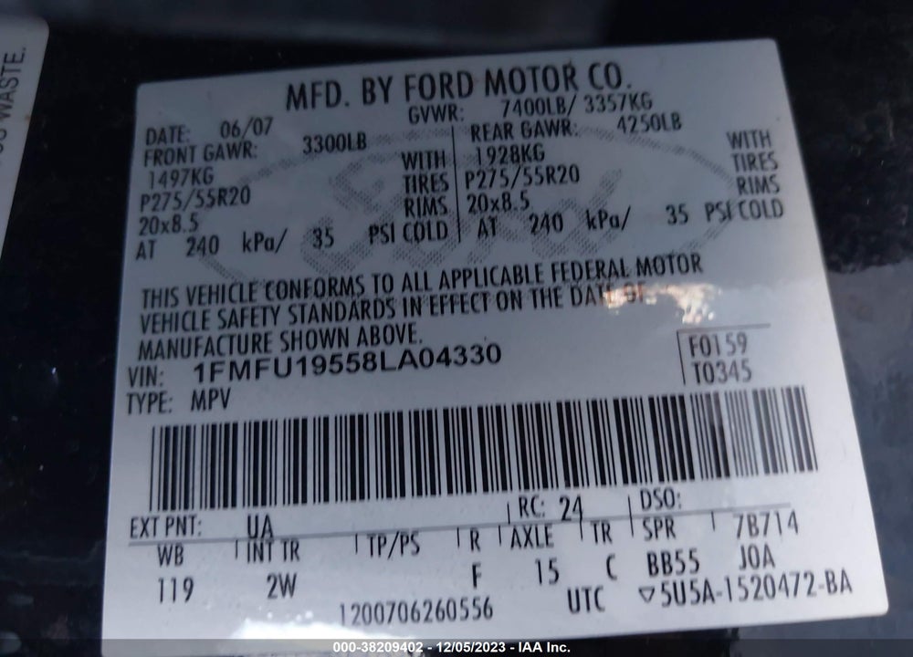 2008 FORD EXPEDITION LIMITED VIN: 1FMFU19558LA04330