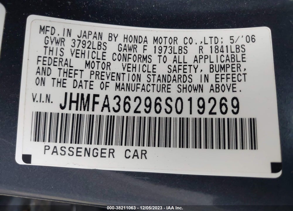 2006 HONDA CIVIC HYBRID VIN: JHMFA36296S019269