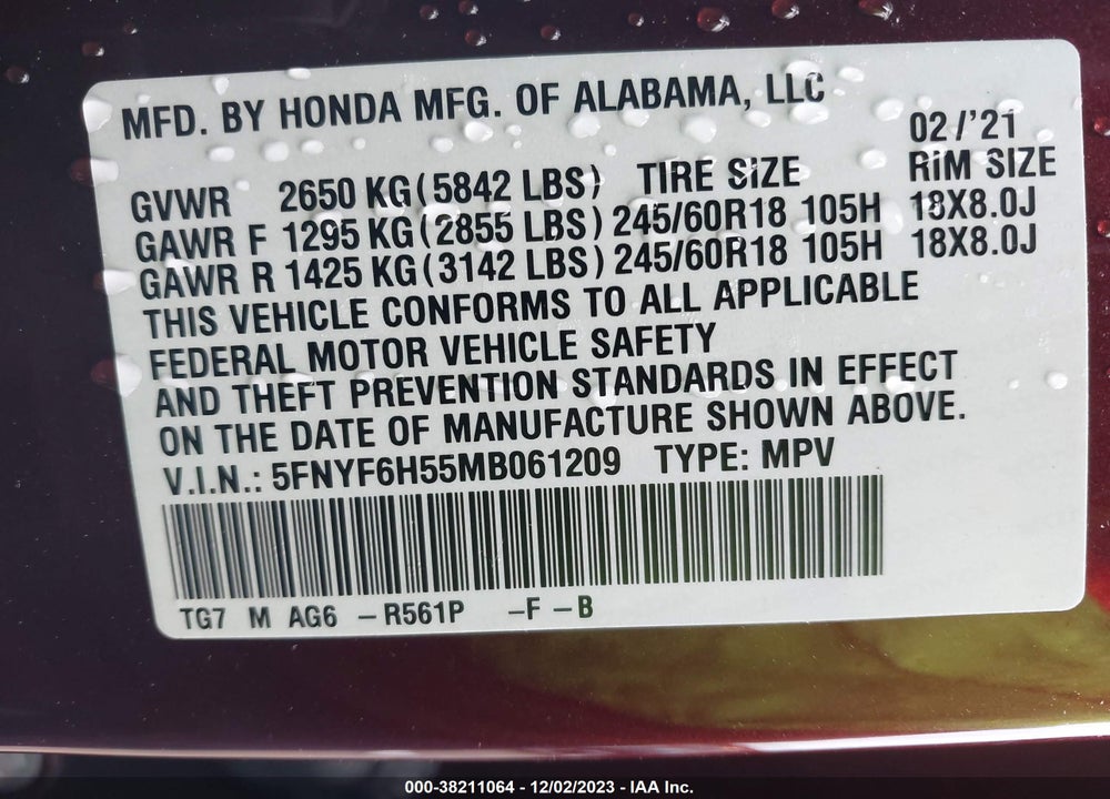 2021 HONDA PILOT AWD EX-L VIN: 5FNYF6H55MB061209