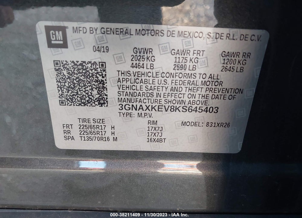 2019 CHEVROLET EQUINOX LT VIN: 3GNAXKEV8KS645403