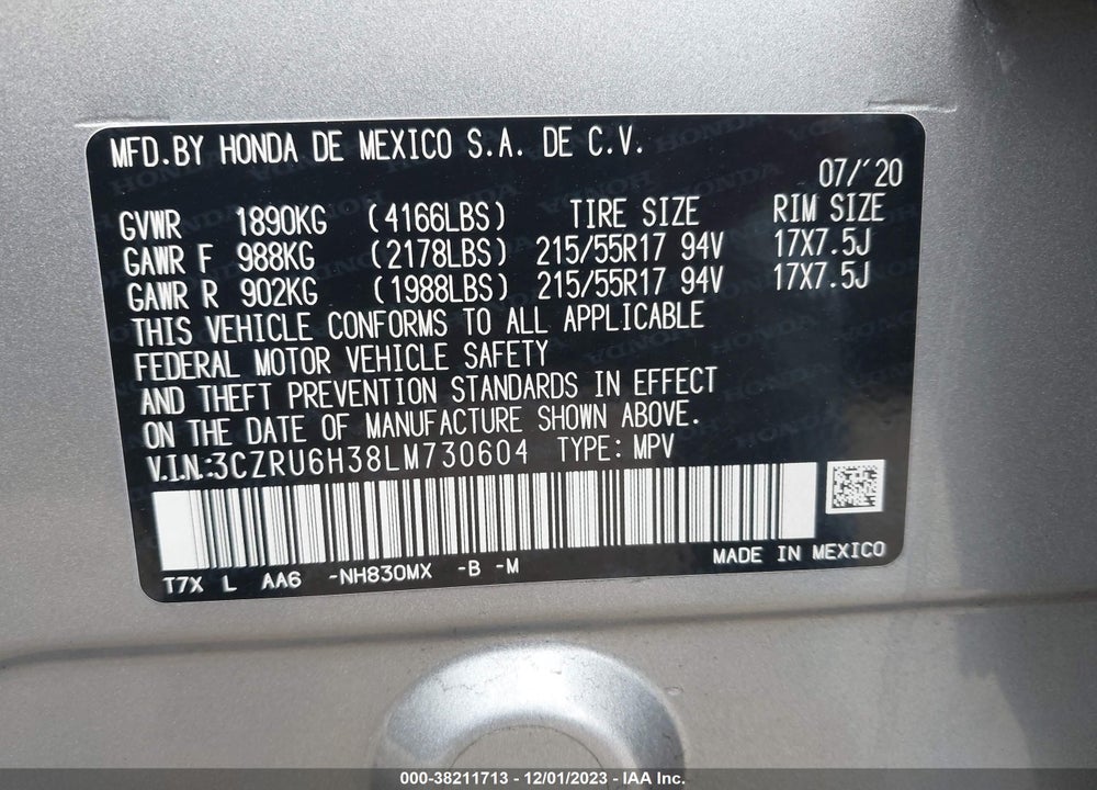 2020 HONDA HR-V AWD LX VIN: 3CZRU6H38LM730604