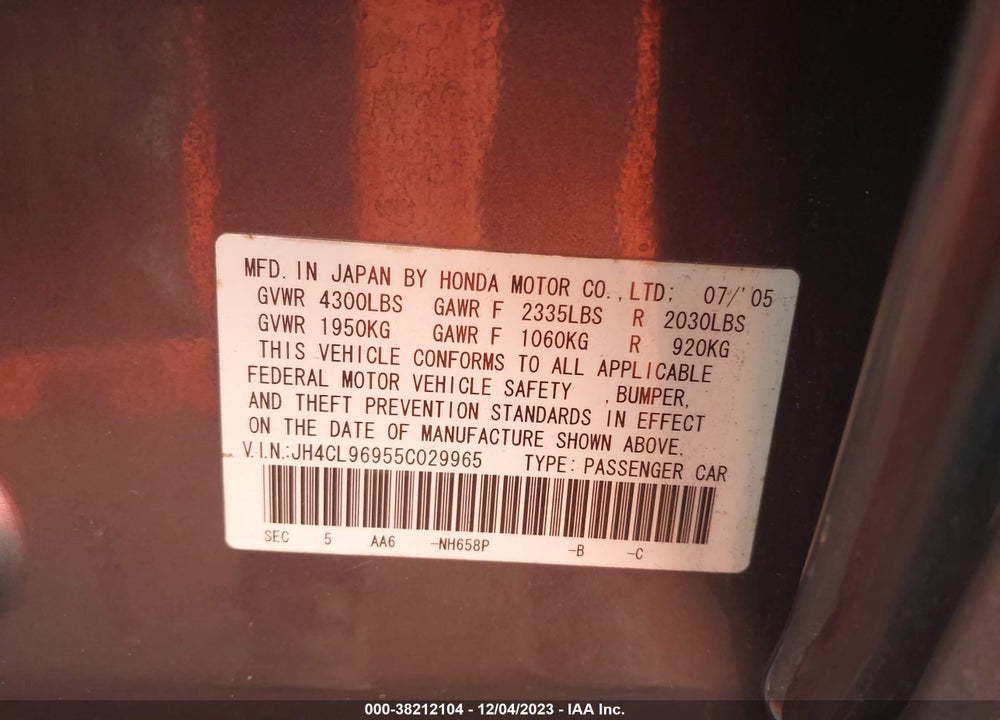 2005 ACURA TSX VIN: JH4CL96955C029965