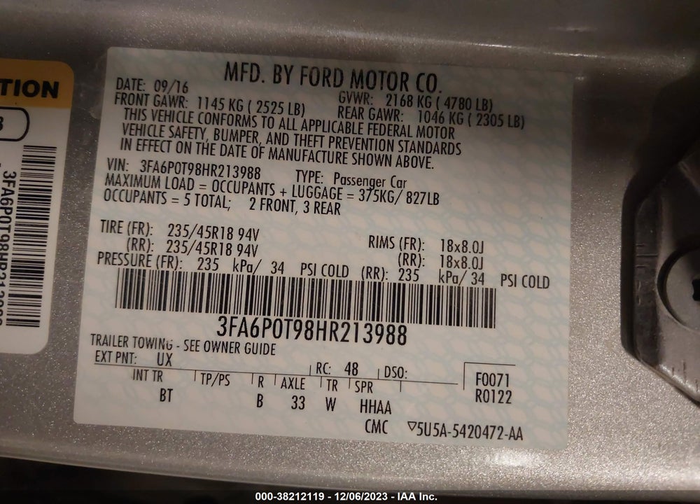 2017 FORD FUSION SE VIN: 3FA6P0T98HR213988