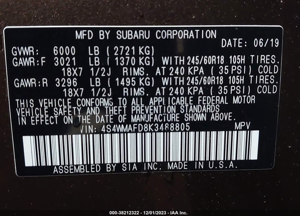 2019 SUBARU ASCENT PREMIUM VIN: 4S4WMAFD8K3488805