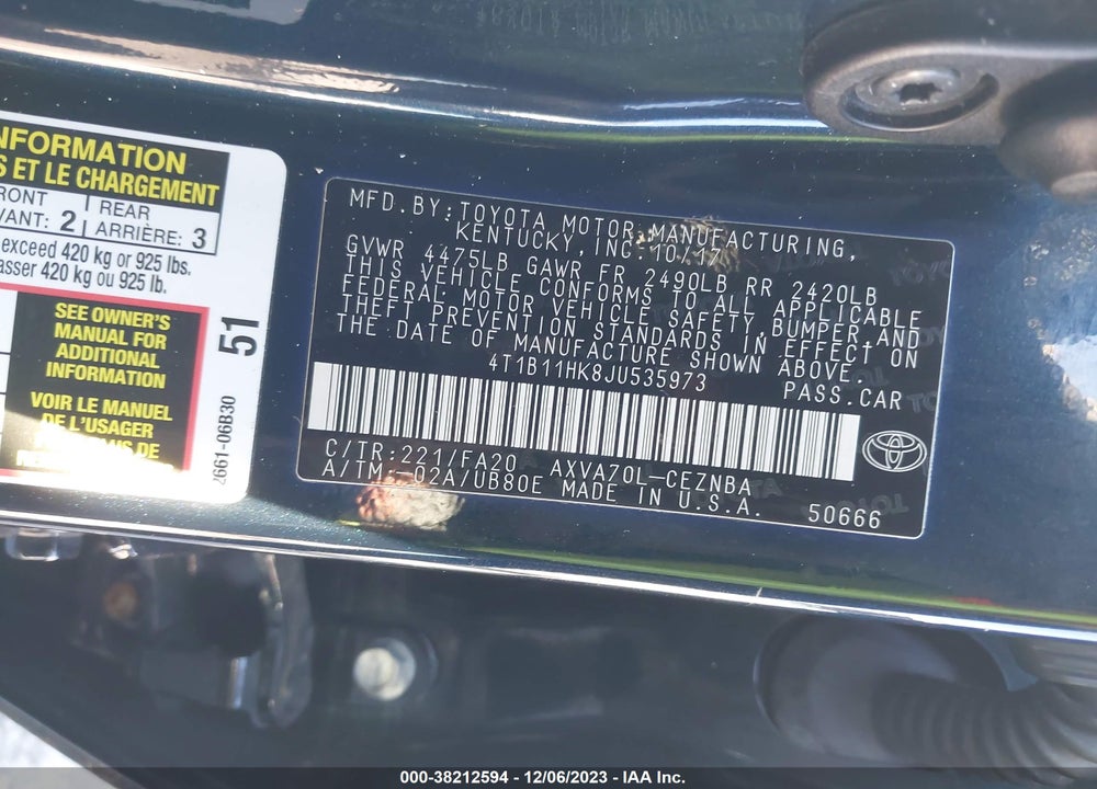 2018 TOYOTA CAMRY VIN: 4T1B11HK8JU535973