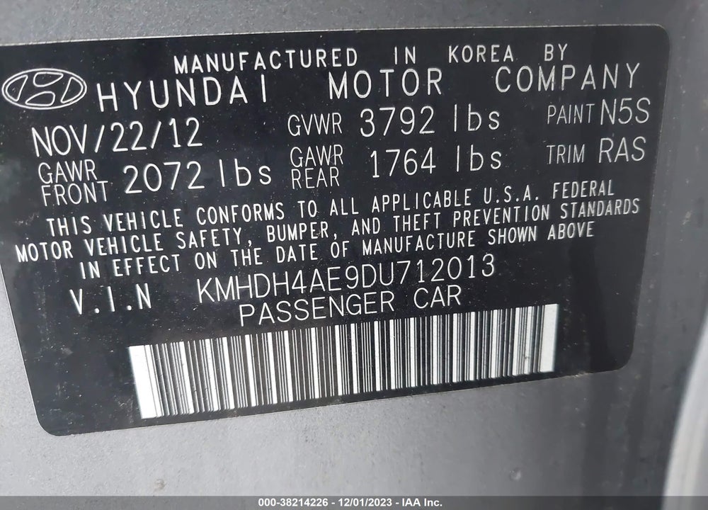 2013 HYUNDAI ELANTRA GLS (ULSAN PLANT) VIN: KMHDH4AE9DU712013