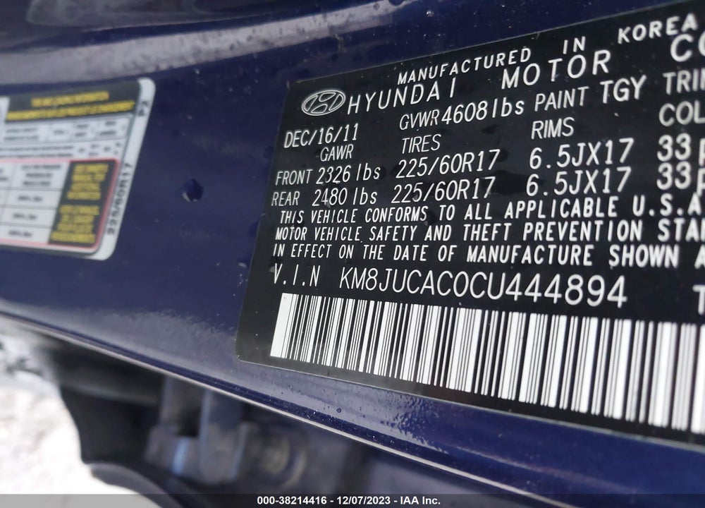2012 HYUNDAI TUCSON GLS VIN: KM8JUCAC0CU444894