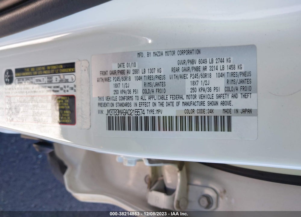 2010 MAZDA CX-9 TOURING VIN: JM3TB3MA9A0215574