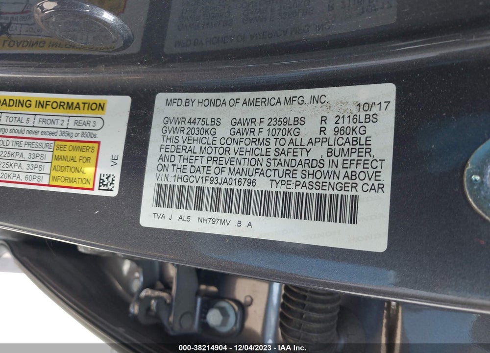 2018 HONDA ACCORD TOURING VIN: 1HGCV1F93JA016796