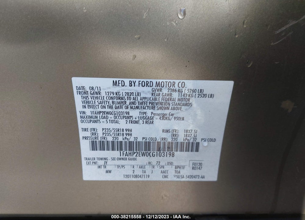2012 FORD TAURUS SEL VIN: 1FAHP2EW0CG103198