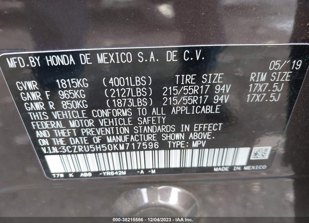 2019 HONDA HR-V EX VIN: 3CZRU5H50KM717596