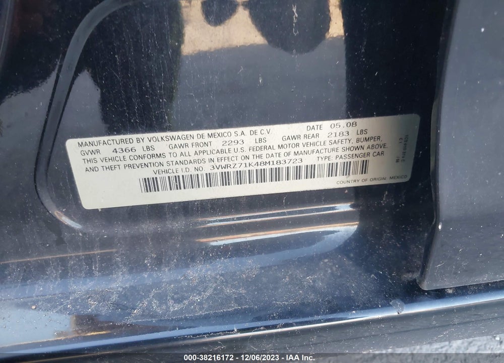 2008 VOLKSWAGEN JETTA VIN: 3VWRZ71K48M183723