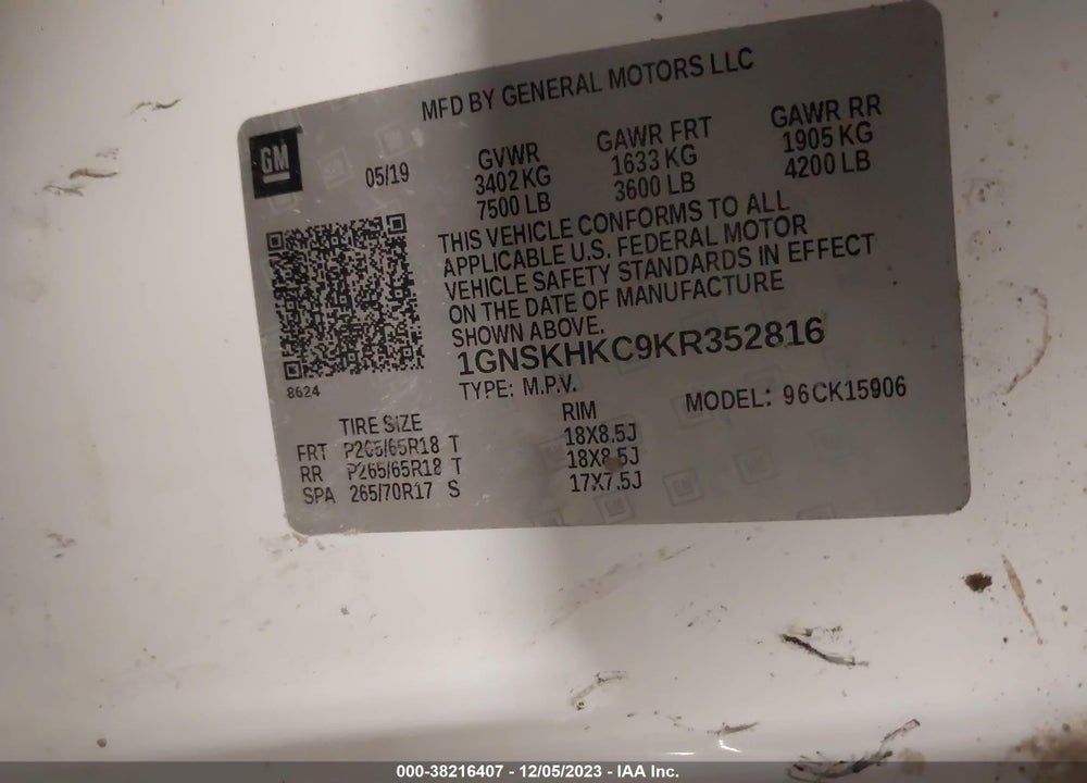 2019 CHEVROLET SUBURBAN VIN: 1GNSKHKC9KR352816