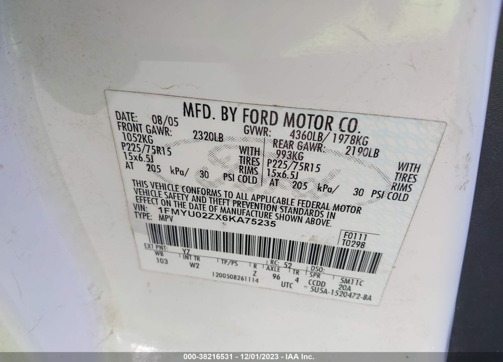 2006 FORD ESCAPE XLS/XLS MANUAL VIN: 1FMYU02ZX6KA75235