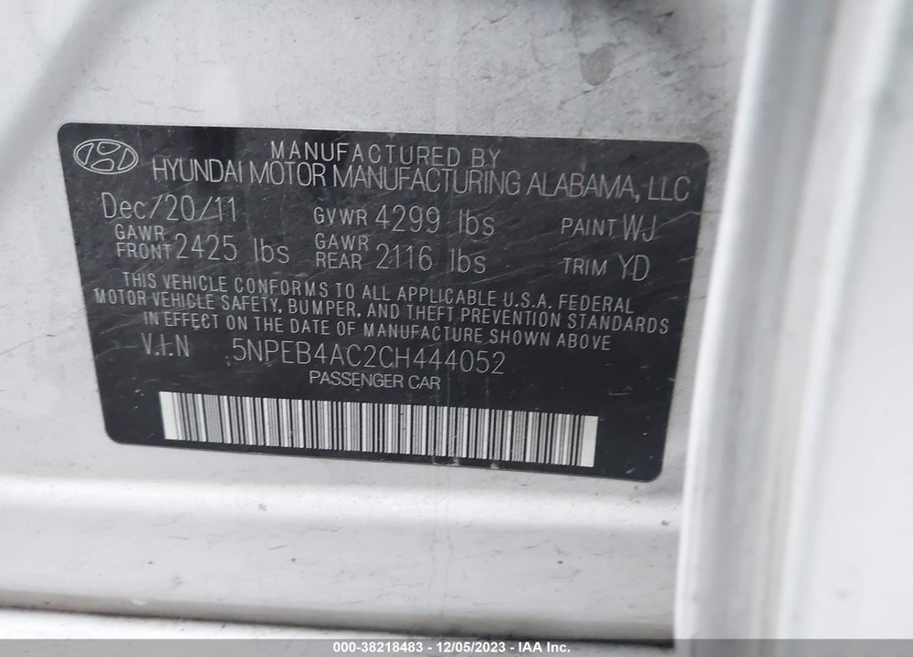 2012 HYUNDAI SONATA GLS VIN: 5NPEB4AC2CH444052