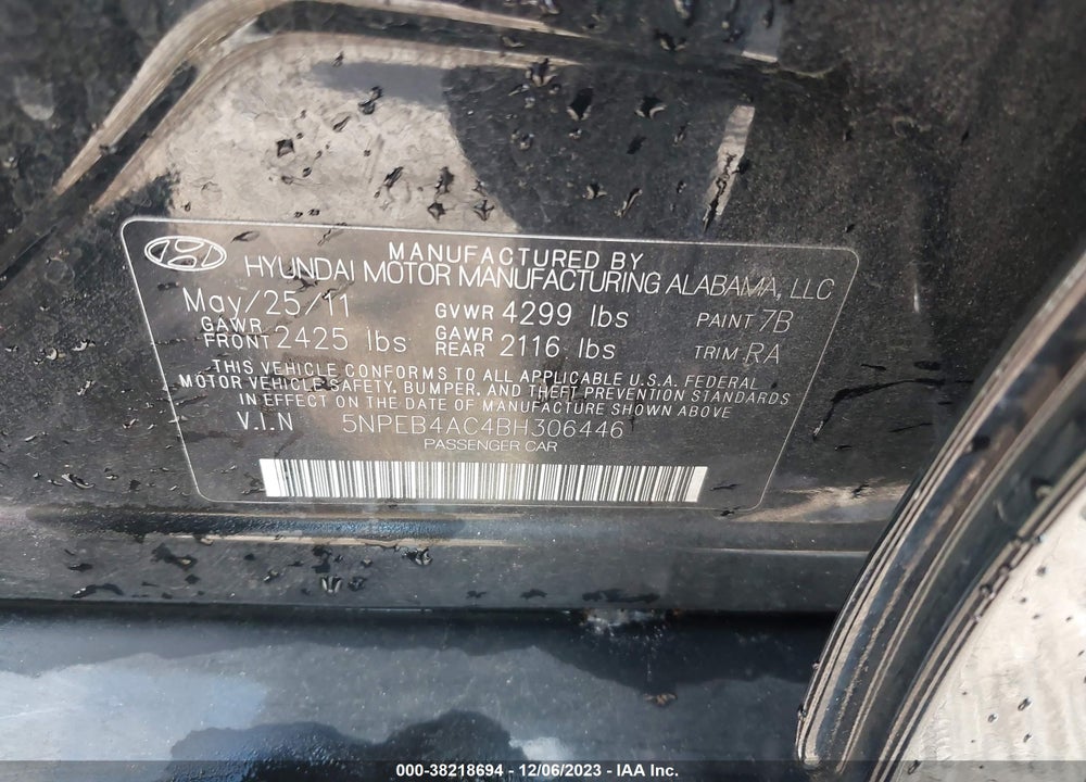 2011 HYUNDAI SONATA GLS VIN: 5NPEB4AC4BH306446
