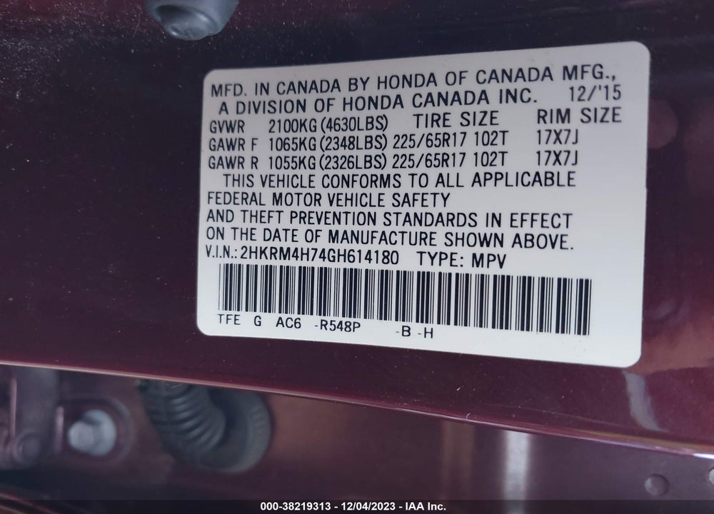 2016 HONDA CR-V EX-L VIN: 2HKRM4H74GH614180
