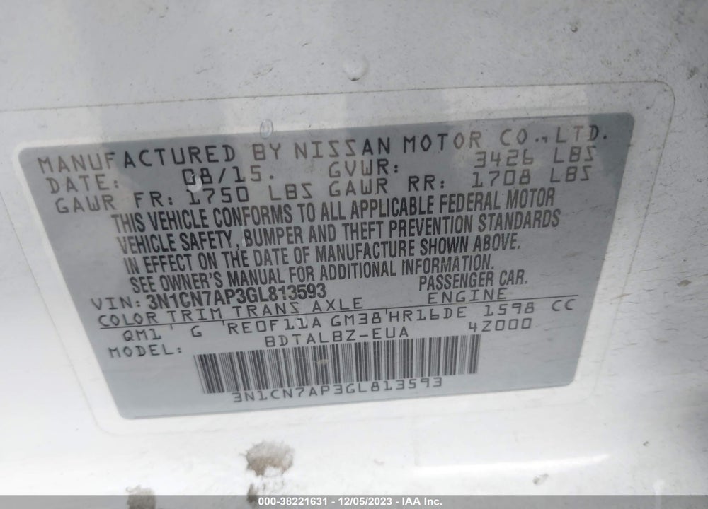 2016 NISSAN VERSA 1.6 S/1.6 S+/1.6 SL/1.6 SV VIN: 3N1CN7AP3GL813593