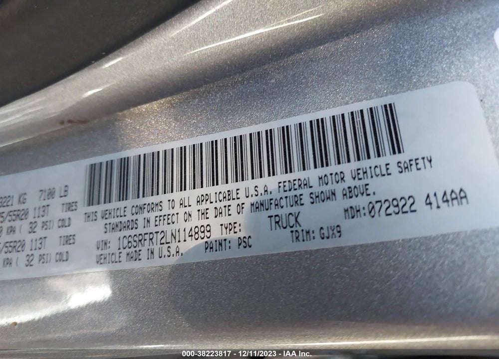 2020 RAM 1500 LAIE  4X4 6'4 BOX VIN: 1C6SRFRT2LN114899