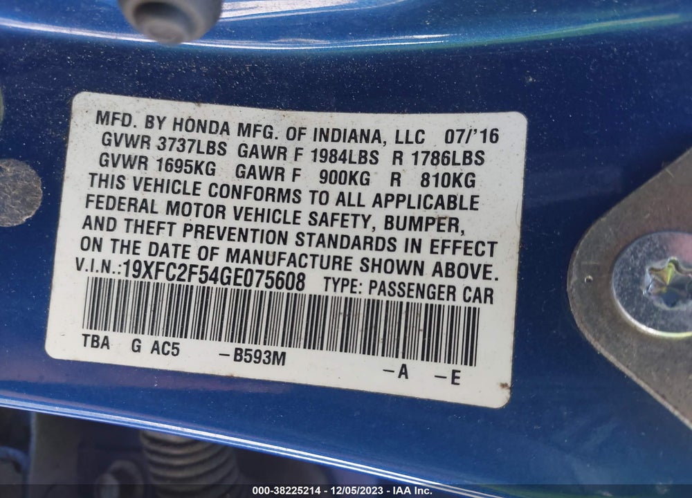 2016 HONDA CIVIC LX VIN: 19XFC2F54GE075608