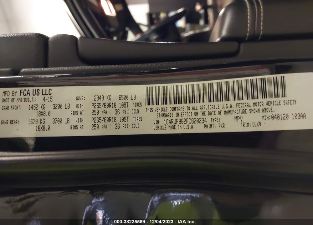 2015 JEEP GRAND CHEROKEE LIMITED VIN: 1C4RJFBG2FC820234
