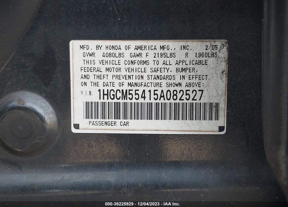 2005 HONDA ACCORD SDN VIN: 1HGCM55415A082527