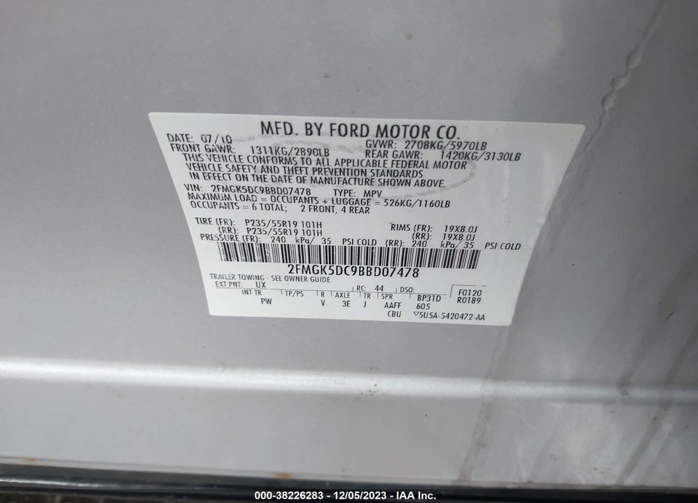 2011 FORD FLEX LIMITED VIN: 2FMGK5DC9BBD07478