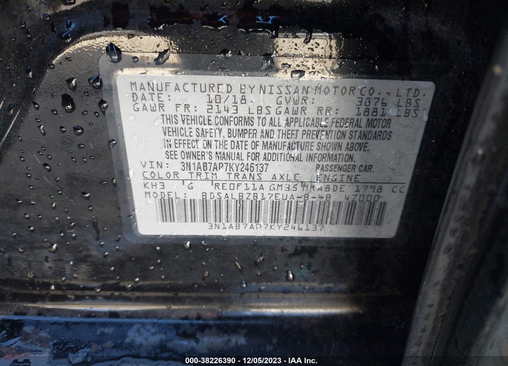 2019 NISSAN SENTRA S VIN: 3N1AB7AP7KY246137