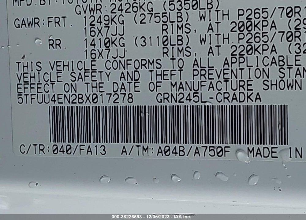 2011 TOYOTA TACOMA BASE V6 VIN: 5TFUU4EN2BX017278