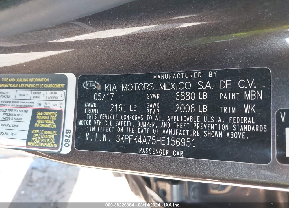 2017 KIA FORTE LX VIN: 3KPFK4A75HE156951