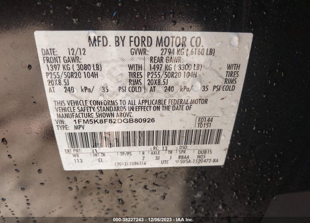 2013 FORD EXPLORER LIMITED VIN: 1FM5K8F82DGB80926
