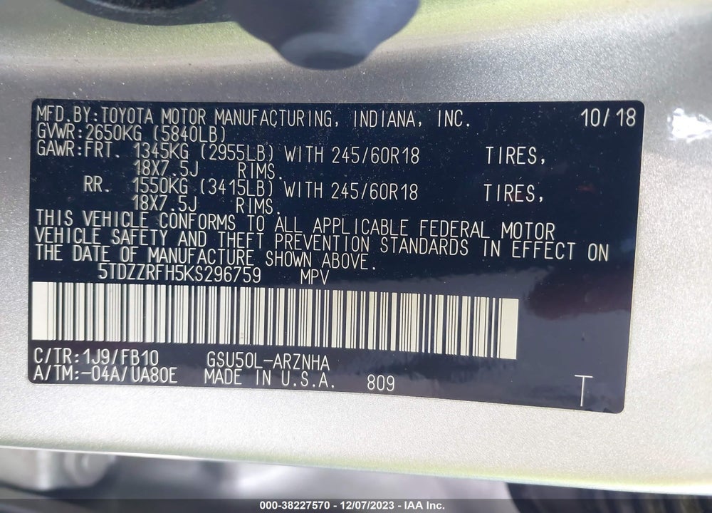 2019 TOYOTA HIGHLANDER LE VIN: 5TDZZRFH5KS296759