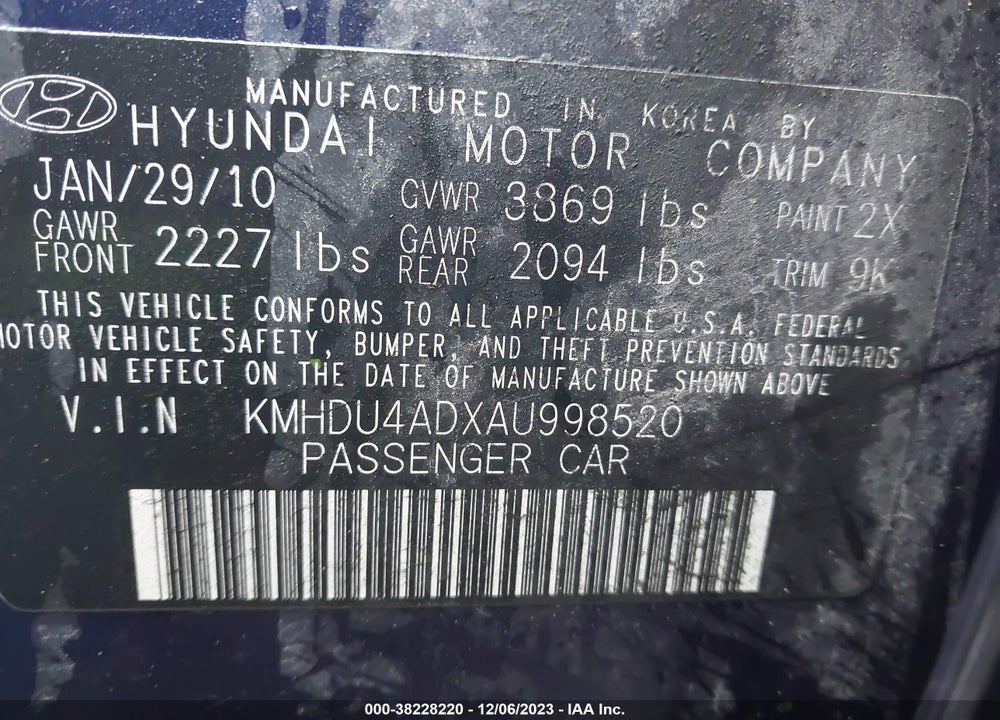 2010 HYUNDAI ELANTRA GLS VIN: KMHDU4ADXAU998520