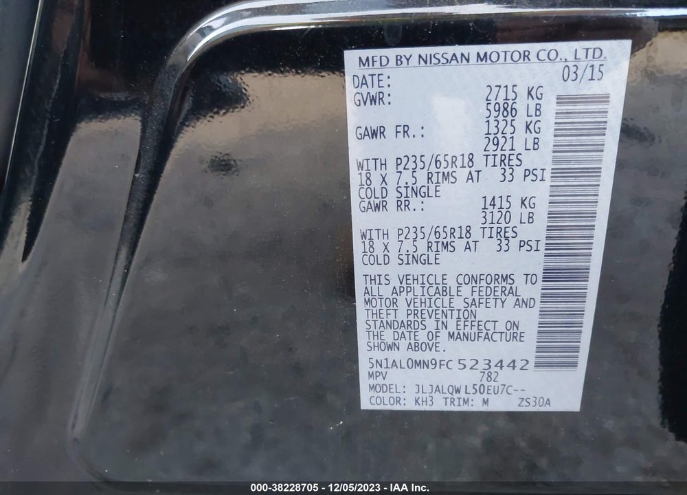 2015 INFINITI QX60 VIN: 5N1AL0MN9FC523442