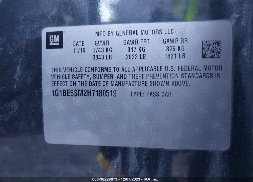 2017 CHEVROLET CRUZE LT AUTO VIN: 1G1BE5SM2H7180519