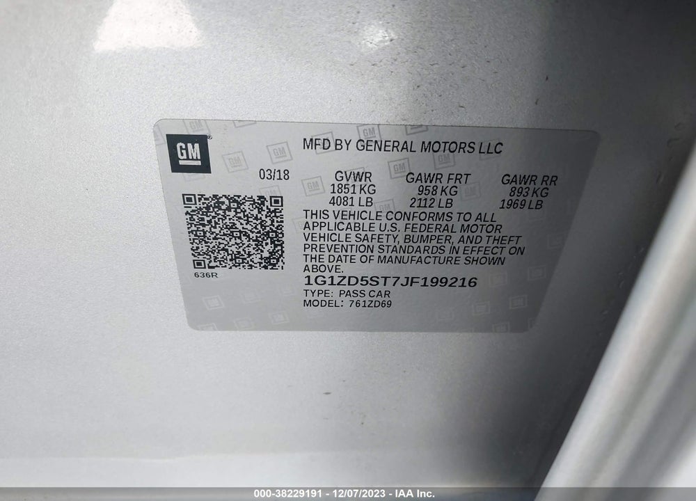 2018 CHEVROLET MALIBU LT VIN: 1G1ZD5ST7JF199216
