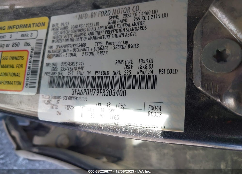 2015 FORD FUSION SE VIN: 3FA6P0H79FR303400