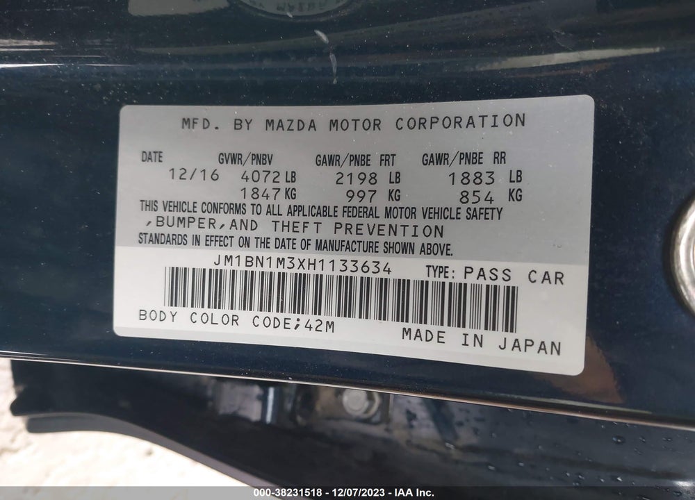 2017 MAZDA MAZDA3 VIN: JM1BN1M3XH1133634
