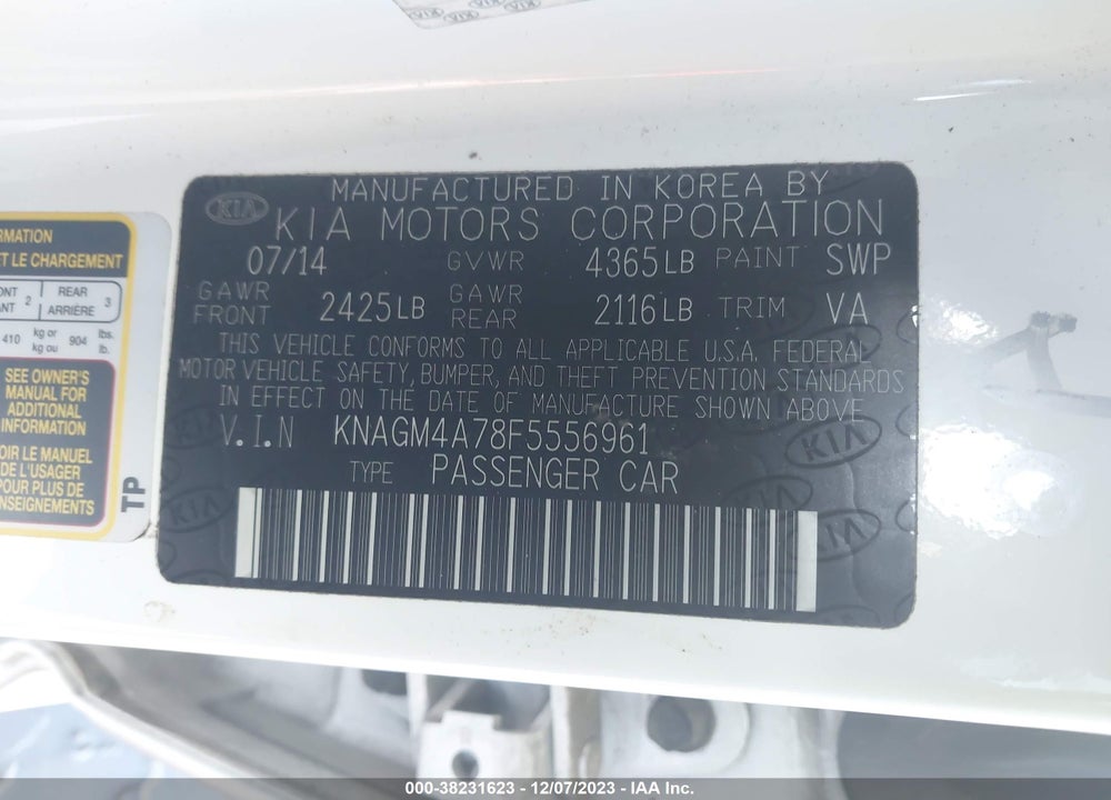 2015 KIA OPTIMA LX VIN: KNAGM4A78F5556961